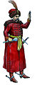 Польско-литовский гусар без доспехов. 1577 Судя по цвету одежды и шапке с павлиньим пером и драгоценным камнем — это не бездоспешный пахолик, а товарищ, снявший доспехи
