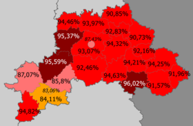 Доля белорусов по районам >95% 90–95% 85—90% <85%