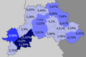 Доля русских по районам >10% 8–10% 5–8% <5%