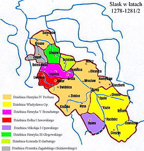 Силезия в 1278—1281 годах. Жаганьское княжество закрашено серым цветом