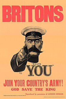 Британский агитационный плакат c портретом лорда Китченера. Надпись на нём гласит: «Британцы! Нуждаюсь в вас. Вступайте в армию вашей страны! Боже, храни короля». 1914 год