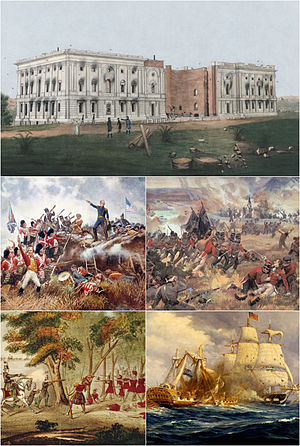 Сверху вниз по часовой стрелке: Капитолий в 1814 году после нападения англичан на Вашингтон; битва на Куинстонских высотах; «Конститьюшн» ведёт бой с «Герьером»; смерть генерала Текумсе; битва за Новый Орлеан