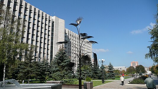 Донецкая областная государственная администрация и одна из копий пальмы Мерцалова в Ворошиловском районе Донецка
