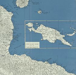 Карта залива Астролябия (части провинции Маданг) с изображением рифов, поселений, миссий, дорог, 1936 год