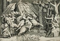 Дж. А. Бонасоне. Клелия переправляется через Тибр. 1546. Офорт