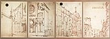 Четыре зарисовки Площади Санти-Джованни-э-Паоло, сделанные с помощью камеры-обскуры. Бумага, перо, бистр. Галерея Венецианской Академии