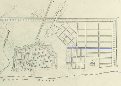 Часть плана Царицына 1820 года. Синим выделена улица Саратовская, Ломоносовской ещё нет.