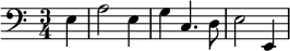  \relative c { \clef bass \key a \minor \time 3/4 \autoBeamOff \partial 4 e4 a2 e4 g4 c,4. d8 e2 e,4 } 