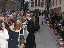 Освящение куличей на Пасху. Православный храм. Львов