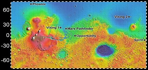Место посадки на Марсе среди других аппаратов («Оппортьюнити» — в центре)