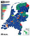 Муниципалитеты (синий цвет), выигранные VVD на выборах 2017 года