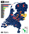 Муниципалитеты (синий цвет), выигранные VVD на выборах 2023 года