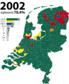 Муниципалитеты (синий цвет), выигранные VVD на выборах 2002 года
