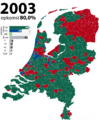 Муниципалитеты (синий цвет), выигранные VVD на выборах 2003 года