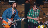 A photomontage of two men performing. One man is singing and playing the guitar, while the other plays the drums.