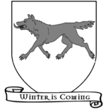 A coat of arms showing a gray wolf on a white field.