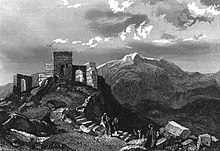Развалины древней христианской церкви на вершине горы Синай. На заднем плане гора Святой Екатерины. Рисунок 1837 года