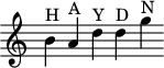  \version "2.18.2" \header { tagline = ##f } \score { \new Staff \with { \remove "Time_signature_engraver" } << \relative c'' { \key c \major \time 4/1 \tempo 4 = 62 \override TupletBracket #'bracket-visibility = ##f %%%% b4^\markup{H} a^\markup{A} d^\markup{Y} d^\markup{D} g^\markup{N} } >> \layout { \context { \Score \remove "Metronome_mark_engraver" } } \midi {} } 