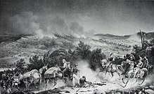 Black and white print shows several horsemen and two pack mules in the foreground while a battle rages in the background.