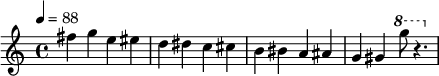  \relative c' { \clef treble \time 4/4 \set Staff.midiInstrument = #"lead 1 (square)" \tempo 4 = 88 fis'4 g4 e4 eis4 d4 dis4 c4 cis4 b4 bis4 a4 ais4 g4 gis4 \ottava #1 g''8 r4. } 