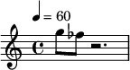  \relative c' { \clef treble \time 4/4 \set Staff.midiInstrument = #"lead 1 (square)" \tempo 4 = 60 g''8 fes8 r2. } 