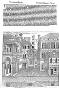 «Комическая сцена» по трактату Витрувия. Гравюра на дереве. Вторая книга по архитектуре. Париж, 1545