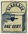 1857: «Clark & Co.», Нью-Йорк, 1 цент (Sc #46L1), фальсификат C