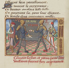 Ла Гир и Потон де Сентрайль. Миниатюра из Вигилий на смерть короля Карла VII