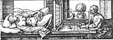 А. Дюрер. Перспективное рисование. Гравюра на дереве. Иллюстрация ко второму изданию трактата «Руководство по измерению». 1525