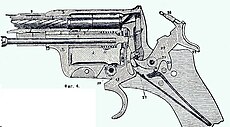 Схема ударно-спускового механизма револьвера «Наган». Курок изображён на боевом взводе.