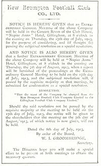 Документ, объявляющий, что New Brompton Football Club изменил свое именование на Gillingham Football Club, датированное 1913 годом.