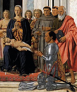Фрагмент картины «Мадонна с младенцем и святыми» (алтаря Монтефельтро). Автор Пьеро делла Франческа, 1472 год. Находится в Пинакотеке Брера, Милан. Хорошо видно горже на армете.