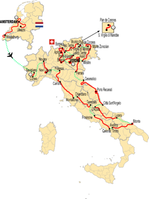 Маршрут велогонки от Амстердама до Вероны (дистанция этапов выделена красным).