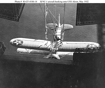 Истребитель Curtiss XF9C-1 Sparrowhawk в момент посадки на авианесущий дирижабль USS Akron (ZRS-4)