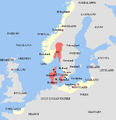Дания (красный) и её соседи при Харальде I Синезубом (к 986 году)