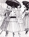 Женщины в пальто, блузах с галстуком и пышных юбках, иллюстрация из модного журнала «La Gazette du Bon Ton», 1916 год