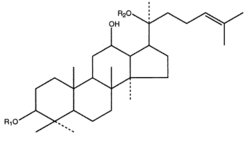 Общая формула веществ на основе протопанаксадиола. R1 — углевод, R2 — Н или углеводы.