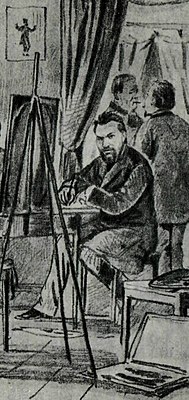 М. Чемоданов в редакции «Будильника». 1885. Рис. Т. Симова