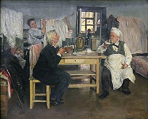 В. Е. Маковский. Беседа. Идеалист-практик и материалист-теоретик. (1900).