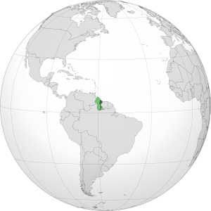 Гайана на карте мира Светло-зелёным обозначены территории Гайаны, спорные с Венесуэлой и Суринамом