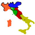 Итальянские государства в 1859 году: Королевство Сардиния — оранжевый, Королевство обеих Сицилий — жёлтый, Папская область — красный, Королевство Ломбардия и Венеция — синий, Великое герцогство Тосканы и герцогства Пармы и Модены — зелёный