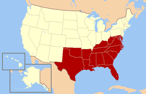 Карта Юга США с исключением некоторых штатов, входивших в КША, однако не считающихся южными штатами.