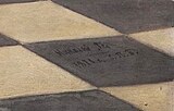 Подпись Николая Ге и дата в правом нижнем углу картины «Пётр I допрашивает царевича Алексея Петровича в Петергофе», 1871