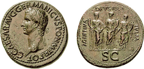 Орихалковый (латунный) сестерций с портретом Калигулы и изображениями трёх его сестёр, 37-38 годы