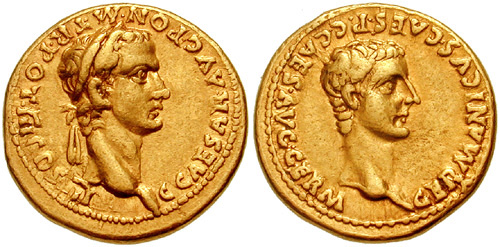 Золотой ауреус с портретами Калигулы в лавровом венке и Германика, 40 год