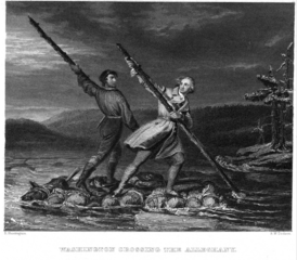 Джордж Вашингтон и Кристофер Джист переправляются через реку Аллегейни (гравюра 1845 года, предположительно Дэниела Хантингдона)