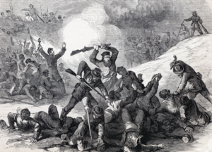 «Война в Теннесси; резня чернокожих федеральных военных конфедератами после сдачи форта Пиллоу», рисунок в газете Frank Leslie's Illustrated Newspaper
