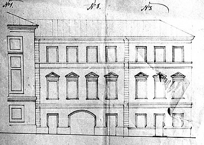 Проект восточного фасада 1866 года. По такому же типу был выполнен и северный. Слева видно изначальное классическое убранство южного строения