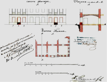 Проект южного фасада 1882 года. Сверху видно изначальное классическое убранство дома