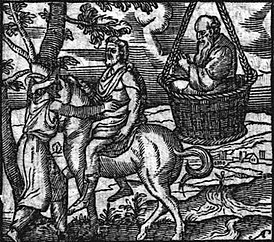 Действующие лица «Облаков» Сократ (висит в корзине), Стрепсиад и Фидиппид. Гравюра XVI века